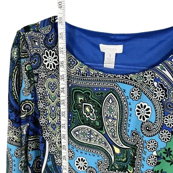 CHICOS 1 Medium Blue White Paisley 3/4 Sleeve Knit Bodycon Outdoor Shift Dress - Picture 12 of 16